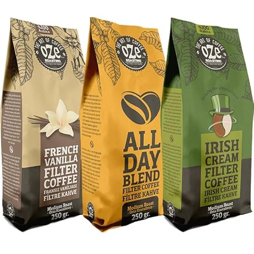 Ozeline Aromalı Filtre Kahve Tanışma Seti – Çekirdek Kahve – 3’lü 250 g – Irish Cream, All Day Blend, Vanilya