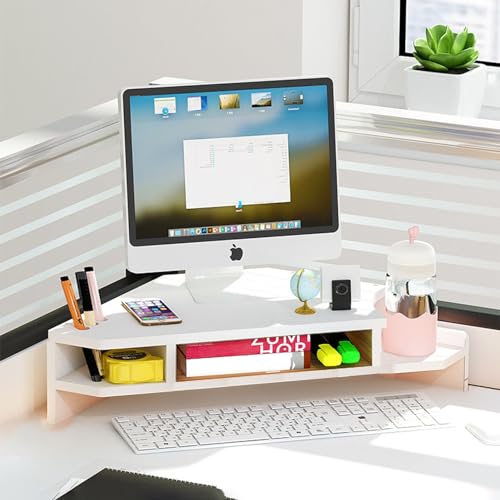 Depolama ile Köşe Monitör Standı Üçgen 2 Katmanlı Masaüstü Monitör Yükseltici Kalem Tutucu ve Bardak Tutucu İçerir Ev Ofis Nization ve Yerden Tasarruflu Çözüm için İdealdir.