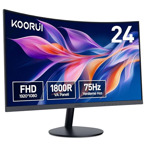 KOORUI Kavisli Monitör 24 inç, Full HD, VA panel, 60Hz, eğrilik 1800R, eğim ayarı, göz bakımı, HDMI, VGA oyun monitörü, siyah 24N5C