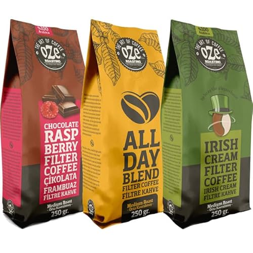 Ozeline Aromalı Filtre Kahve Tanışma Seti – Çekirdek Kahve – 3’lü 250 g – Irish Cream, All Day Blend, Çikolata Frambuaz