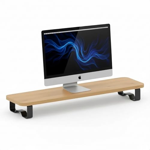 Prexua Upster Ahşap Monitör Standı - Ergonomik Monitör Yükseltici (Safir Meşe - Siyah Ayak, Large)