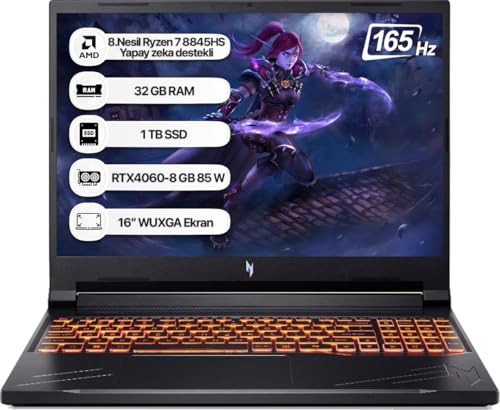 Acer Nitro V16 ANV16-41 AMD R7 8845HS 32GB 1TB SSD RTX4060-8GB Dos 16 WUXGA 165Hz Taşınabilir Bilgisayar NH.QRUEY.005-32