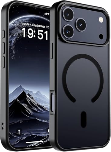 URUCHI iPhone 17 Pro Max İle Uyumlu Güçlü Manyetik Telefon Kılıfı, [Mag-Safe ile Uyumlu] [Askeri Düzey Düşme Koruması] [Güçlü Silikon Kenarlar] İnce Yarı Saydam Mat Koruyucu Kılıf, Siyah