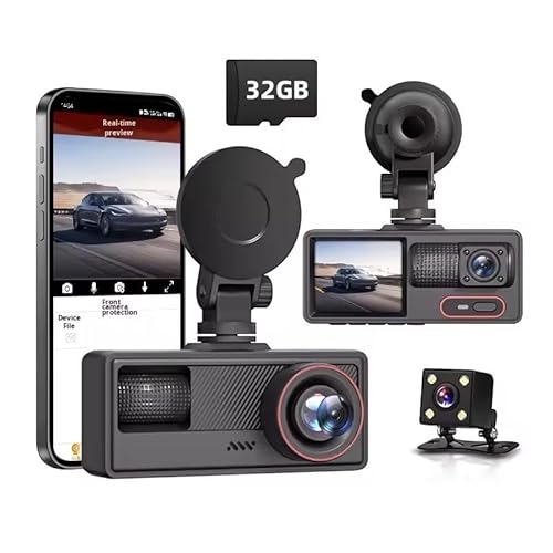 Araç Kamerası Full HD 1080P 30FPS, 3 Kamera, 32GB Hafıza Kartı Dahil, Gerçek Zamanlı Önizleme, Vantuzlu Montaj