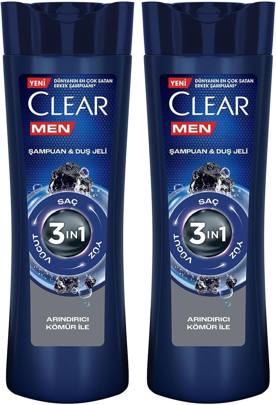 Clear Men 3 in 1 Şampuan & Duş Jeli Arındırıcı Kömür Saç Yüz Vücut İçin (2 paketi)