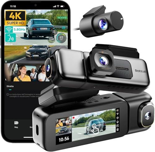 Botslab Ses Kontrolü,3 Kanallı 3,18 inç Dokunmatik Ekran, 2160P + 1080P + 1080P Ön ve Arka İç Döngü Kaydı, 5,8 GHz WiFi, GPS, Gece Görüşü, WDR, Park Modu ile 4K Araç Kamerası 128 Gb Hafıza Kartlı