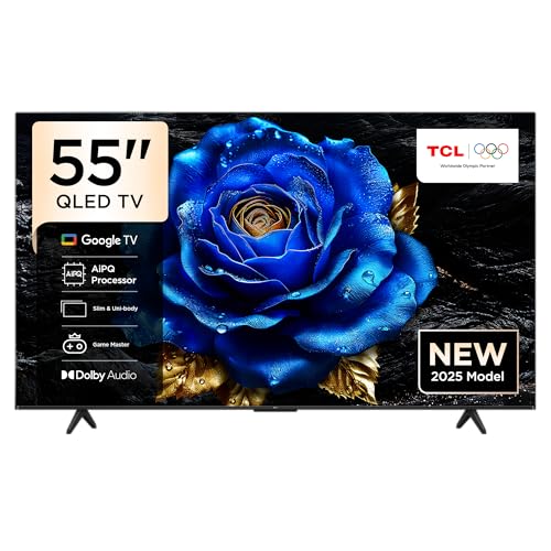TCL 55 inç Akıllı TV 55T6C 4K QLED Renkli Quantum Crystal HDR10+ Oyun Google TV, Dolby Vision Atmos, DTS Virtual X, MEMC, Sesli Kontrol, Game Master ve İnce Tasarım (2025 Modeli)