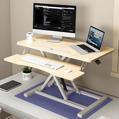 Ayarlanabilir ayakta masa dönüştürücü ergonomik bilgisayar masası klavye ve fare tepsisi ile çift monitör oturma standı masası hiçbir montaj gerekli ahşap kaplama