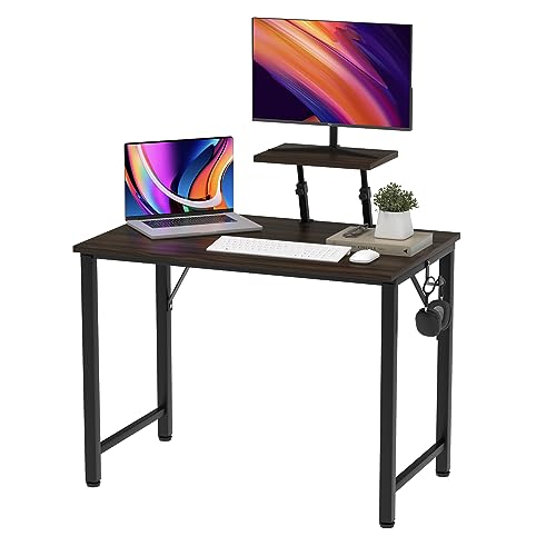 Kompakt bilgisayar masası 80 x 40 cm, basit tasarım, çıkarılabilir monitör standı ve kancalı, ofis, oturma odası, ev kullanımı için ideal, siyah, yer tasarrufu sağlayan iş istasyonu
